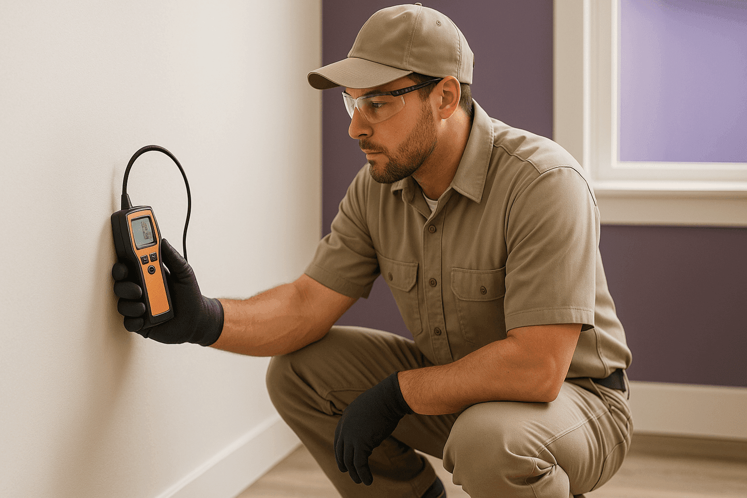Technician using leak detection device on residential wall