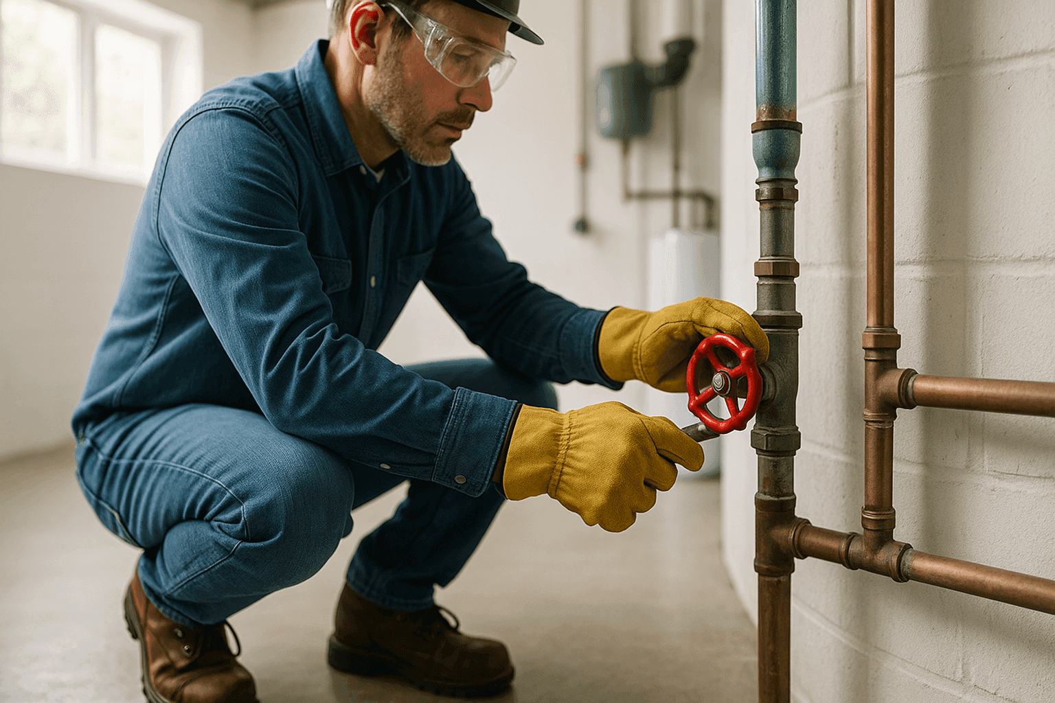 Homeowner shutting off main water valve during plumbing emergency