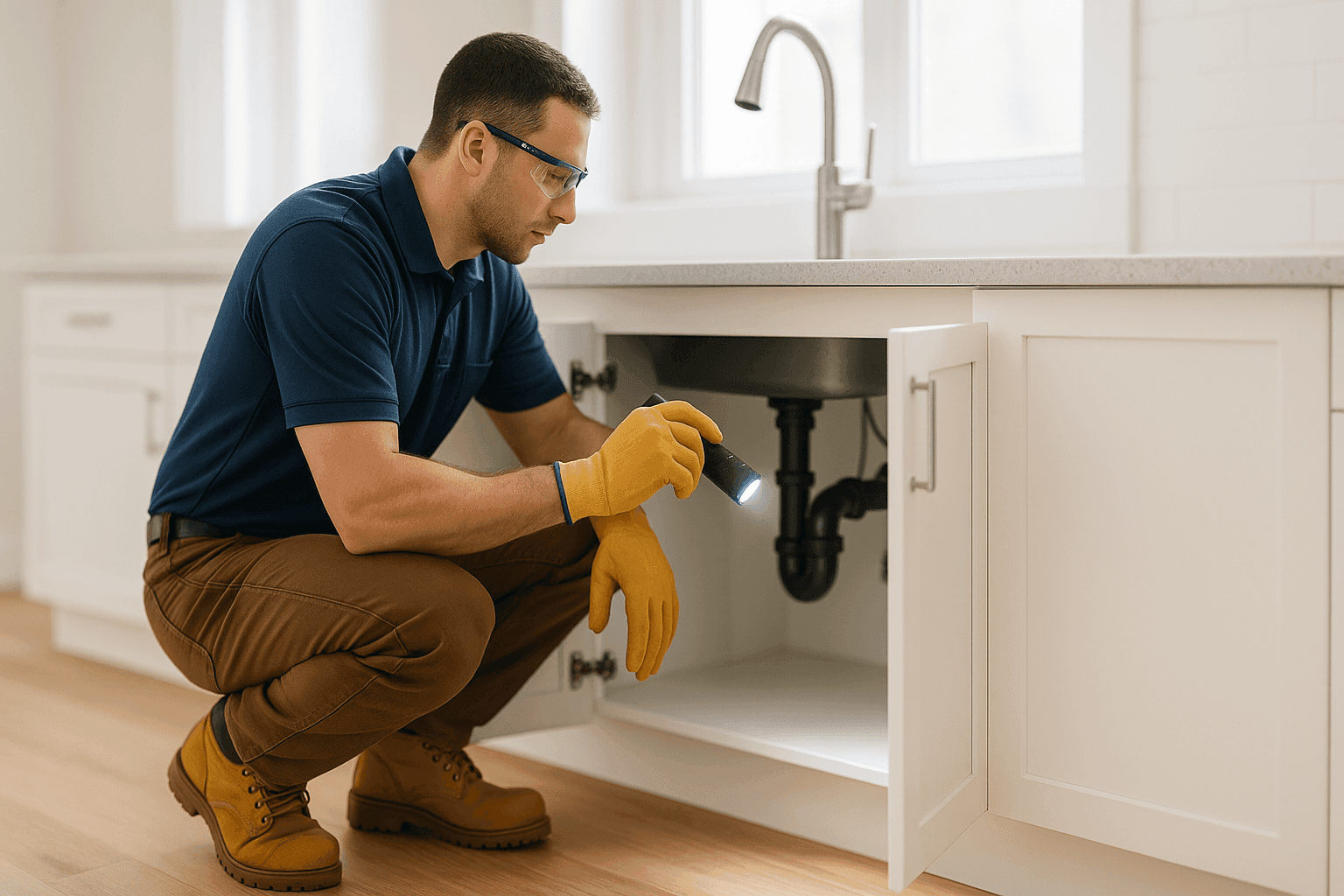 Plumber examining a water leak under kitchen sink cabinet