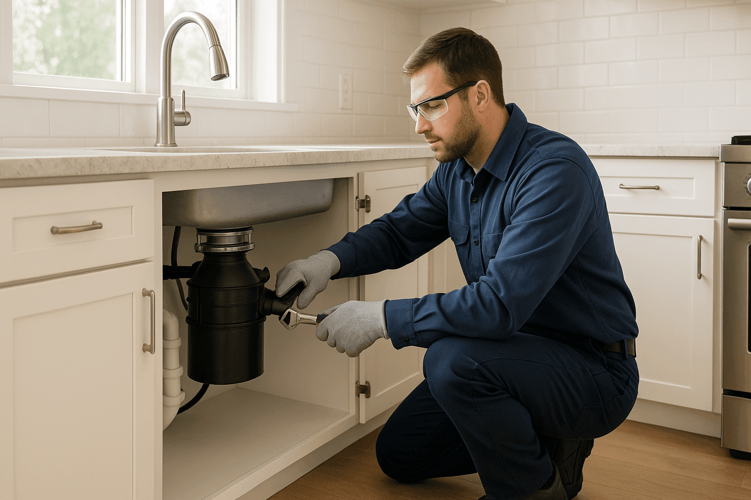 Plumber repairing garbage disposal under kitchen sink