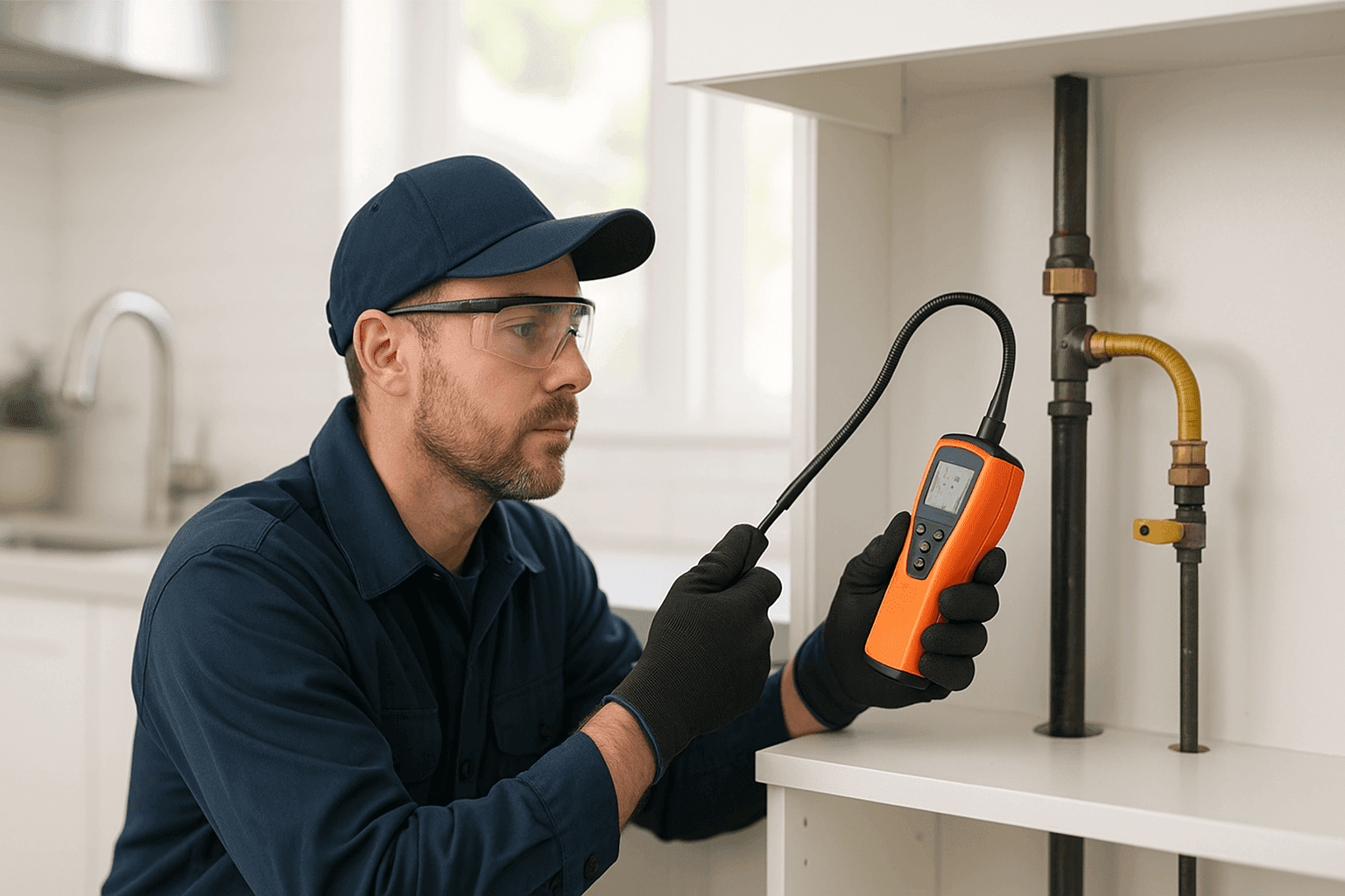 Plumber using gas detector on residential gas line