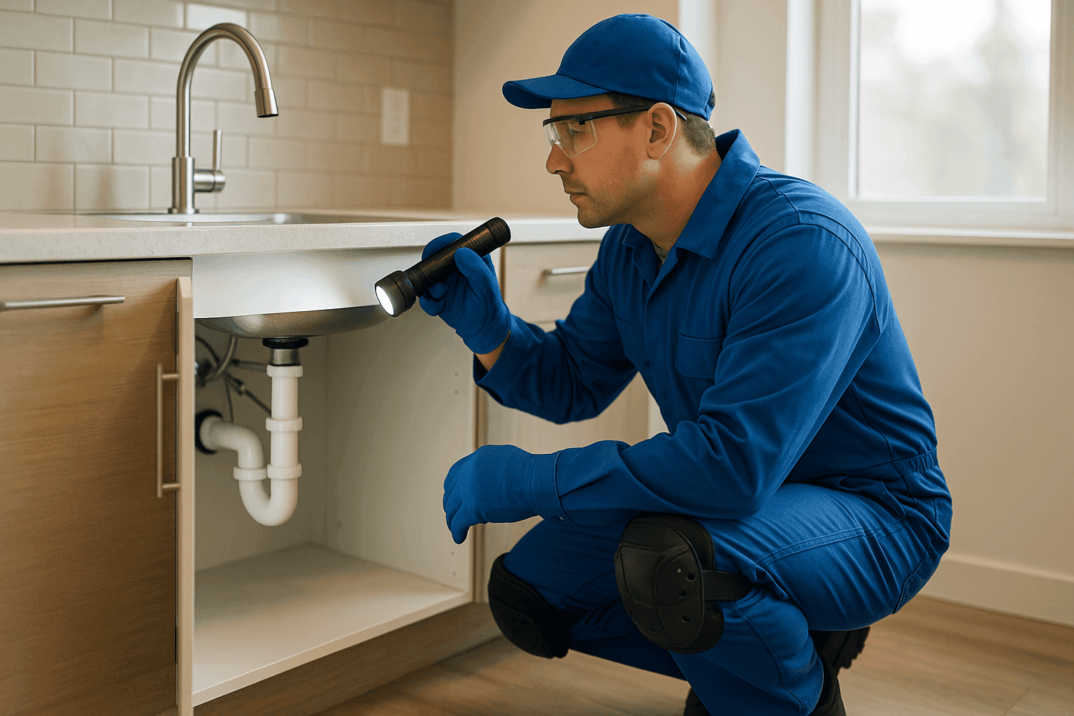 Plumber inspecting kitchen sink plumbing and faucet