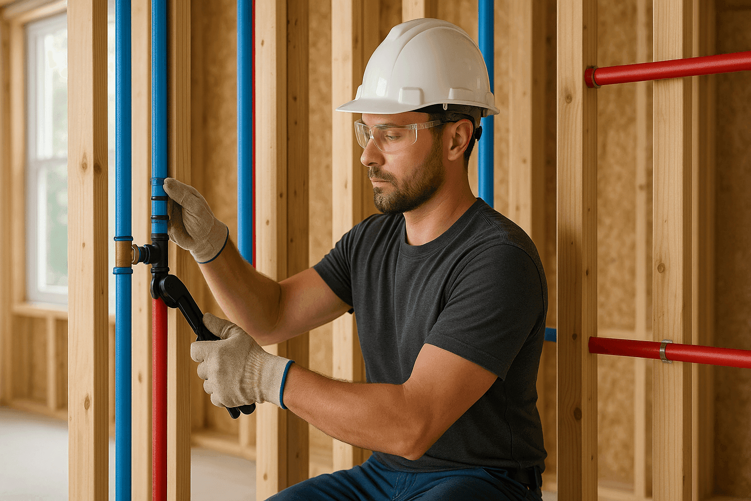 Plumber installing new PEX plumbing pipes in wall studs
