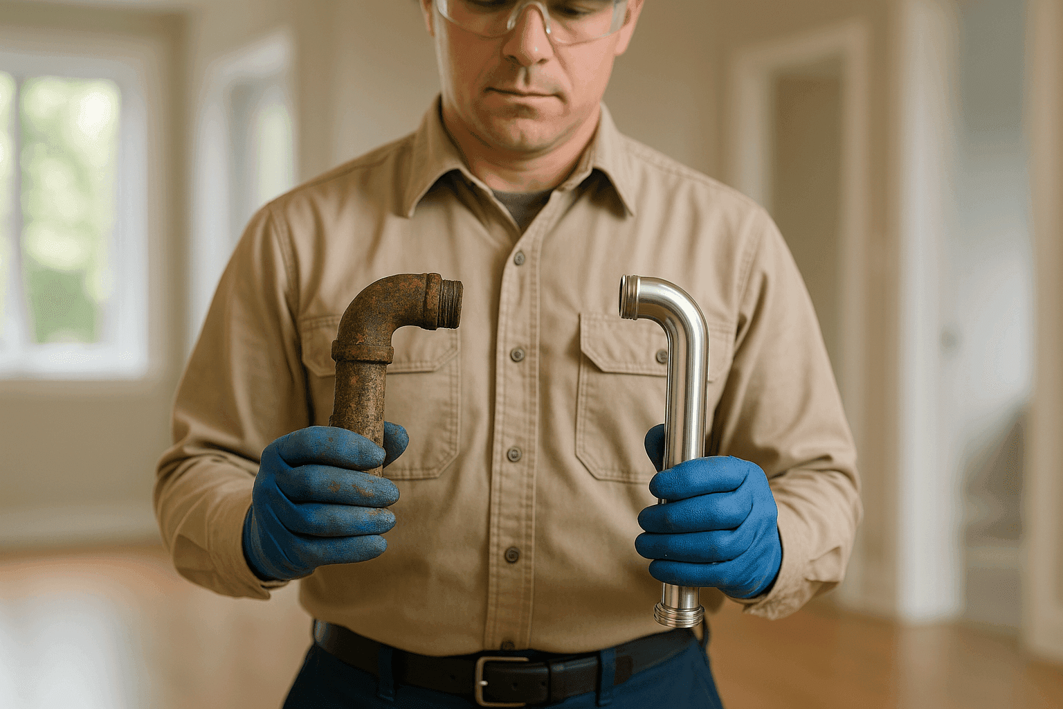 Technician comparing old corroded pipe to new replacement
