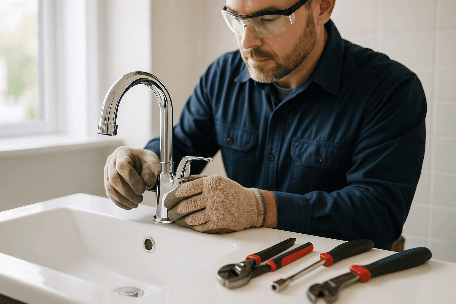 Plumber installing new faucet on bathroom sink