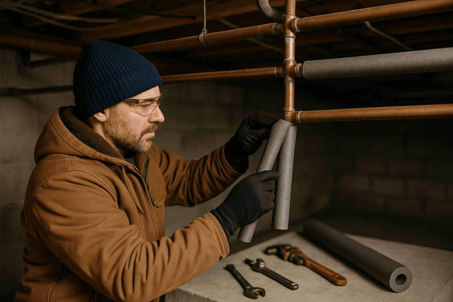 Homeowner insulating basement pipes to prevent winter plumbing damage
