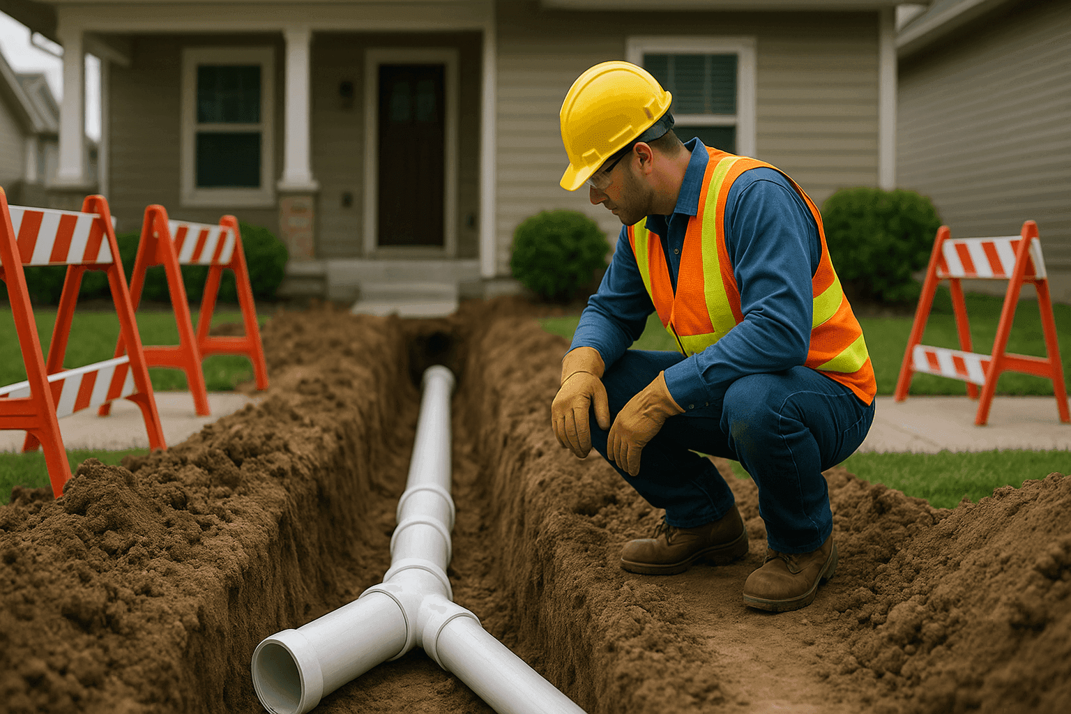 Plumber supervising residential sewer line installation trench