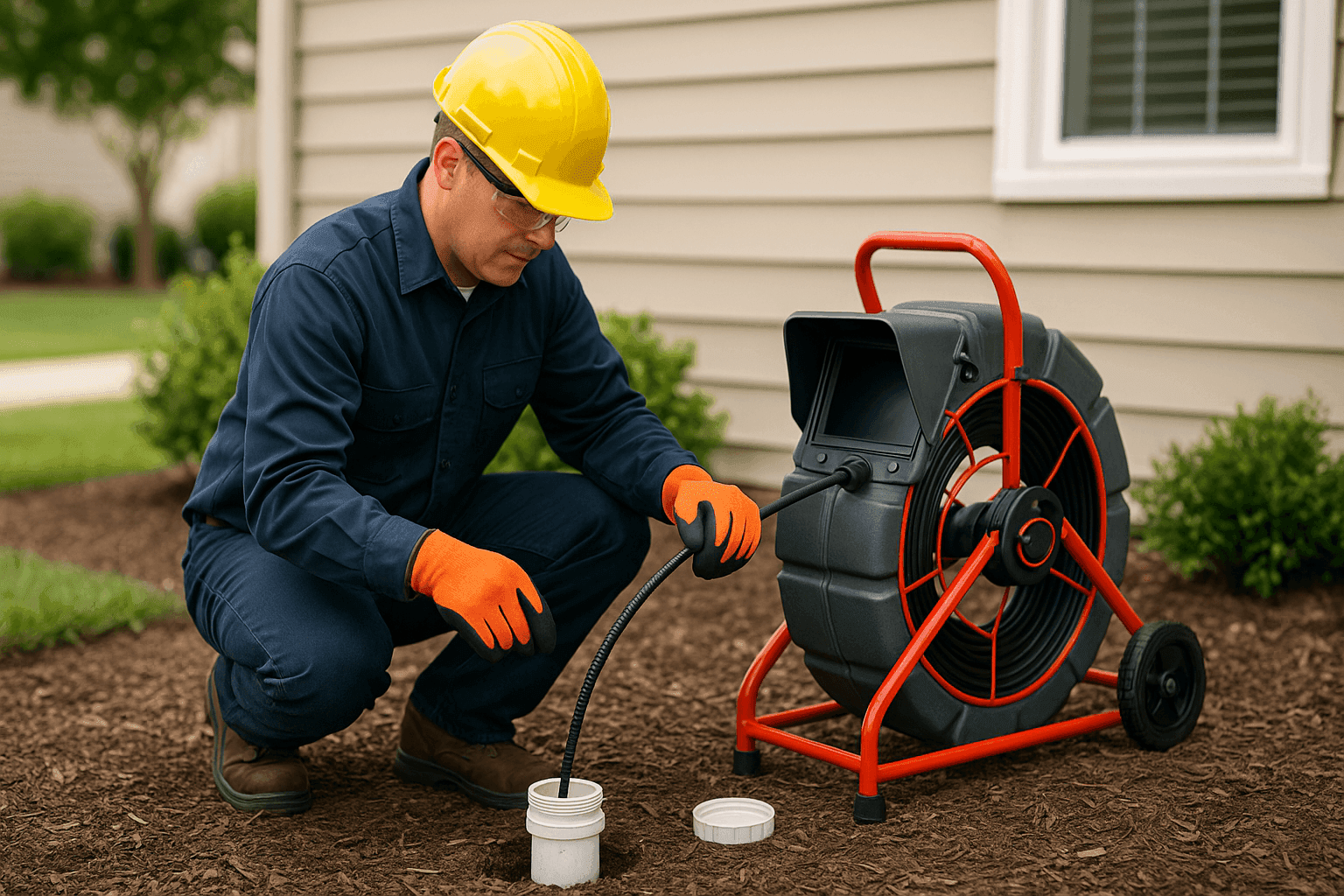Plumber diagnosing sewer line issue with inspection camera