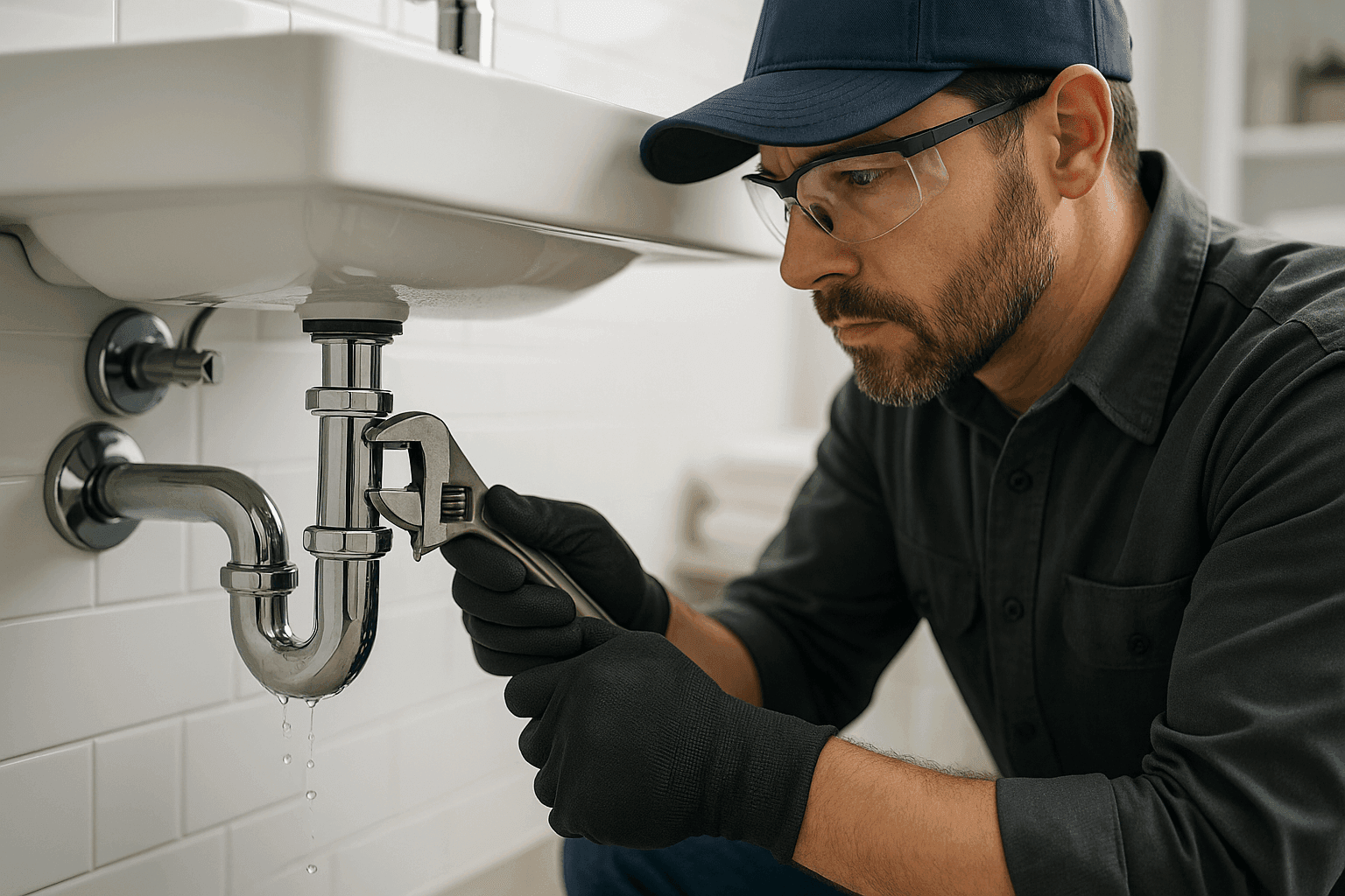 Plumber repairing leaking bathroom sink drain