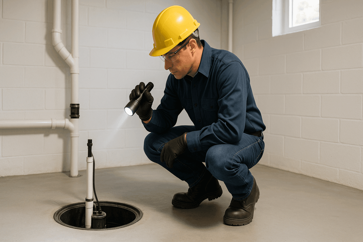 Technician inspecting residential sump pump in clean basement