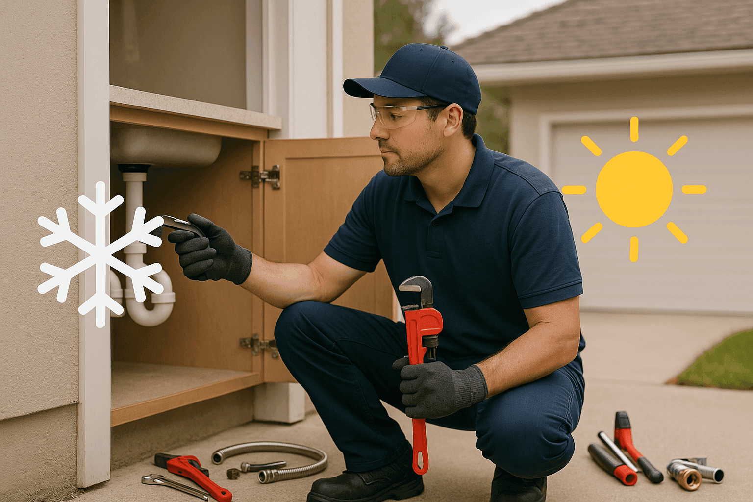 Professional plumber performing plumbing inspection with seasonal icons representing year-round maintenance