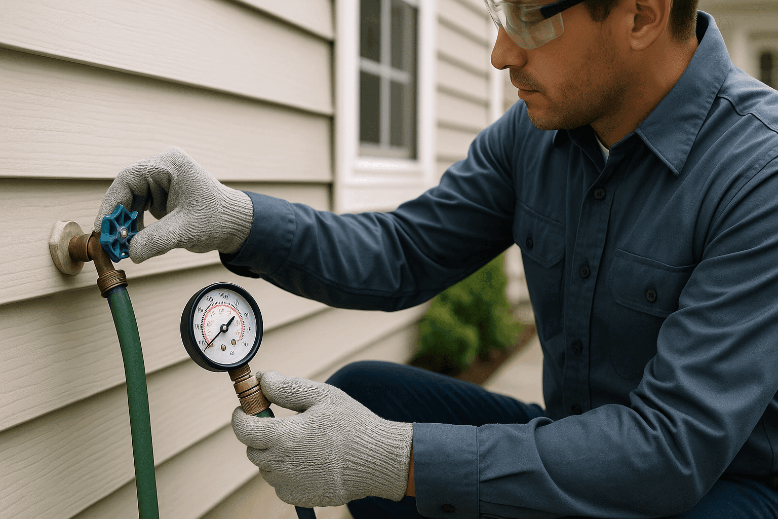Plumber checking home water pressure with gauge at hose bib